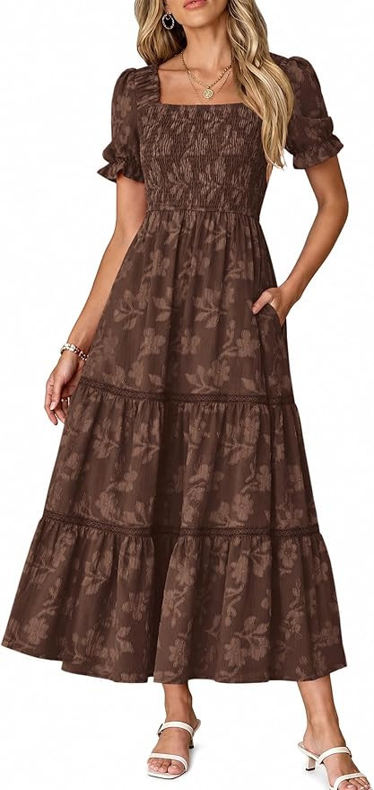 Lazysmile Women's Summer Boho Floral Maxi Wedding Guest Dress | Short Sleeve, Square Neck, Smocke... | Amazon (US)