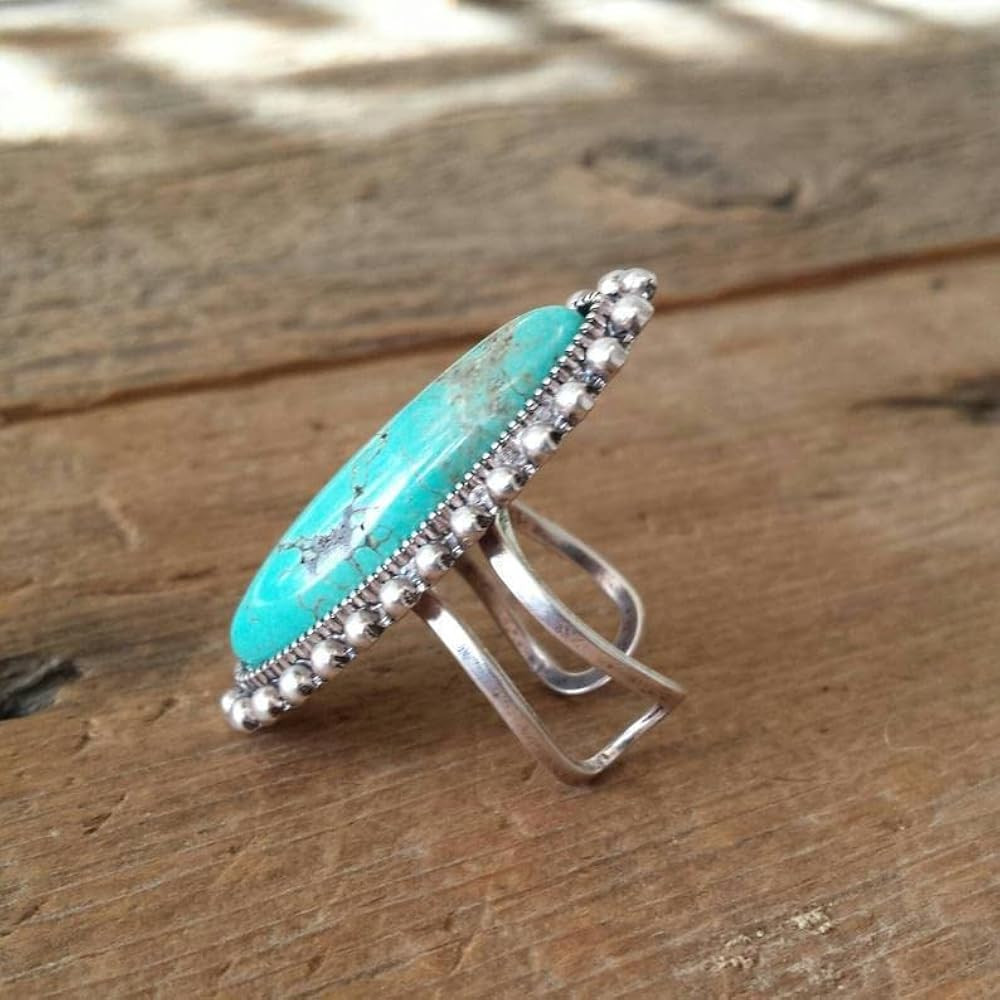 Bohemian Vintage Turquoise Oval Flower Rings Geometric Ethnic Natural Stone Adjustable Silver Joi... | Amazon (US)