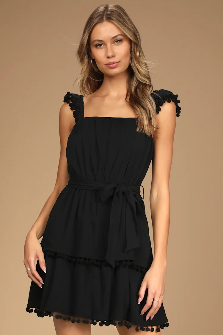 Total Cutie Black Pom Pom Tiered Mini Dress | Lulus (US)