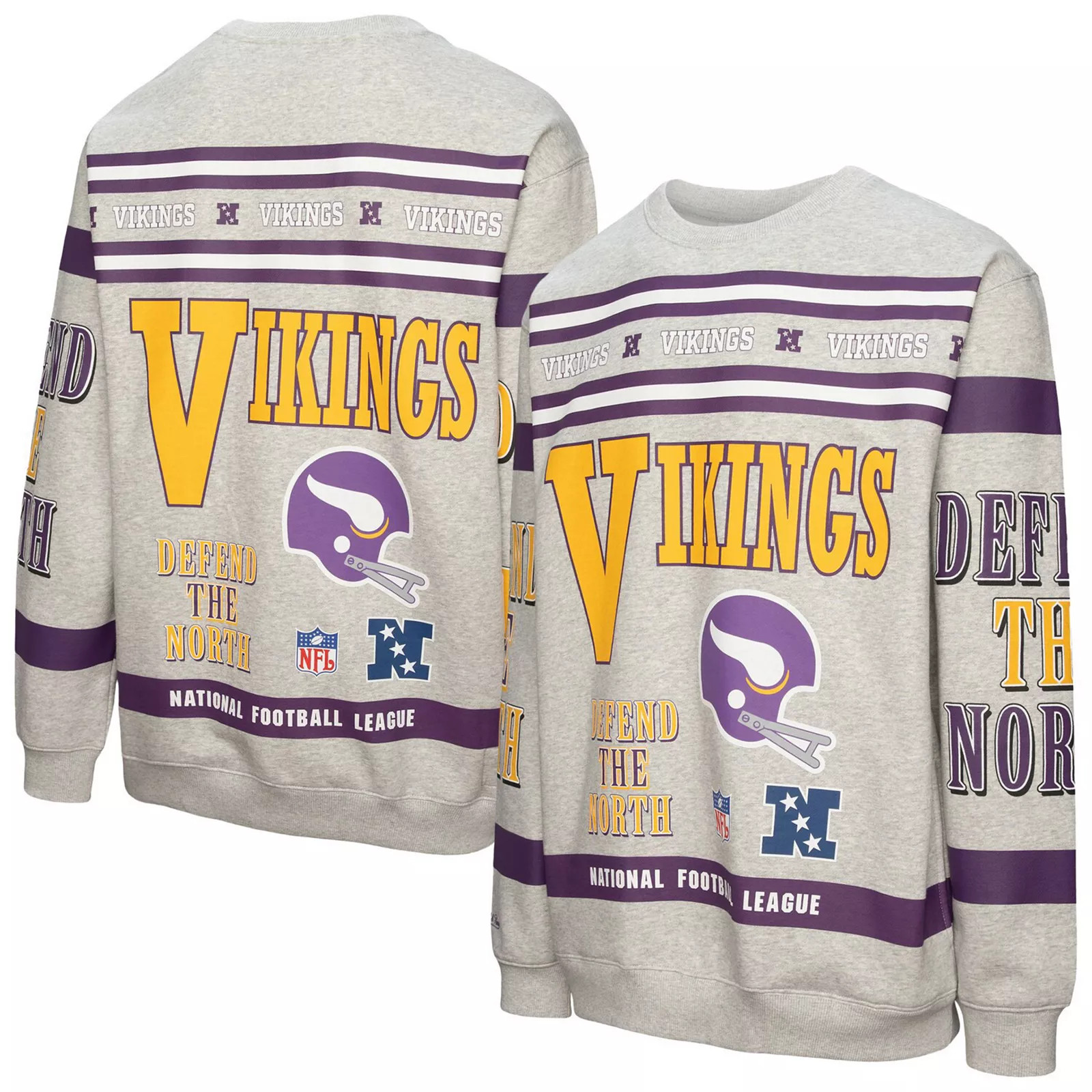 Men's Mitchell & Ness Heather Gray Minnesota Vikings All Over Print Vintage Fleece Crewneck Sweatshirt, Size: Large, Grey | Kohl's
