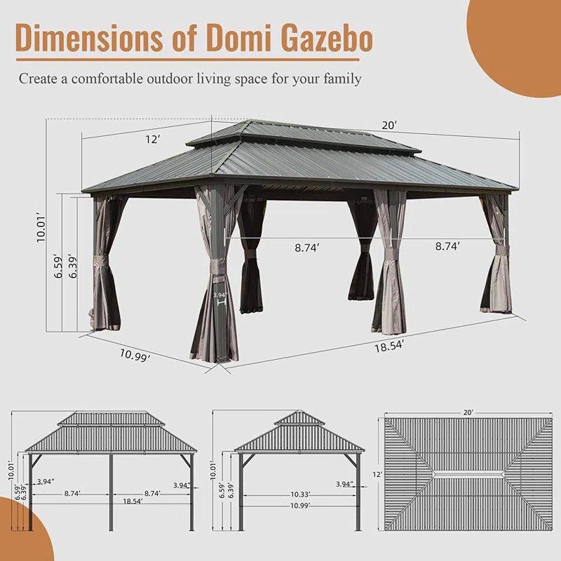 20 Ft. D X 12 Ft. W Galvanized Steel Patio Gazebo With Overhang Slope-design Double Roof | Wayfair North America