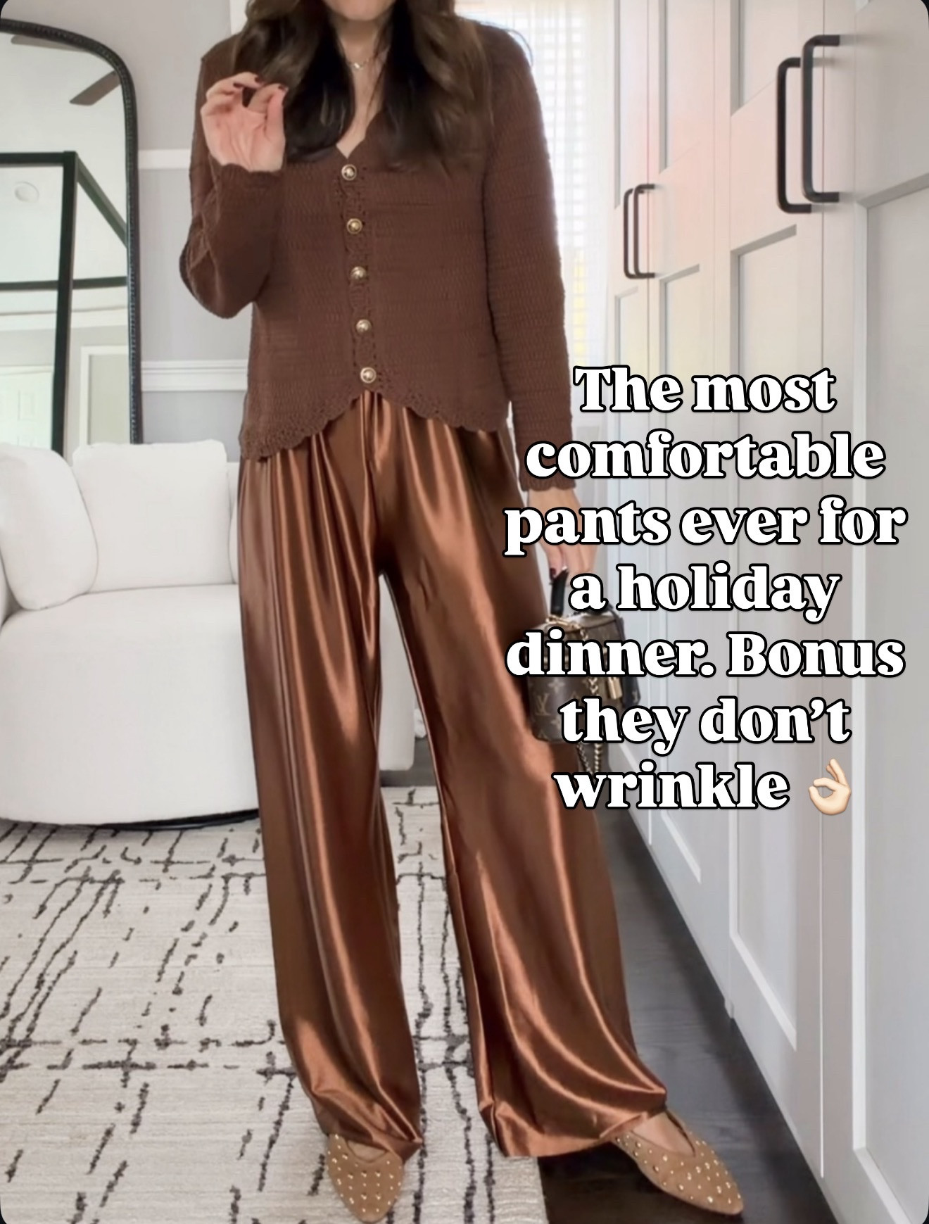 The most comfortable satin pants ever — truly! 🤎✨ Perfect for a holiday dinner and they don’t wrinkle. Wearing size xsmall. 

#LTKOver40 #LTKGiftGuide #LTKHoliday