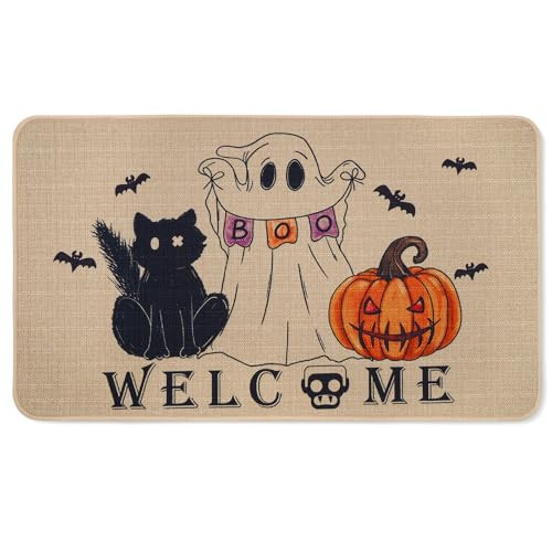 Halloween Doormat 17“ x 29”, Black Cat Ghost Spooky Pumpkin Welcome Mat Doorway Halloween Festival Carpet Non-Slip Indoor/Outdoor Entrance Decoration | Amazon (US)