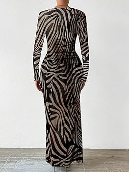 MARZXIN Women Long Sleeve Maxi Dress Bodycon Ruched Formal Slim Fit Tie Dye Dress Formal Mesh Dre... | Amazon (US)