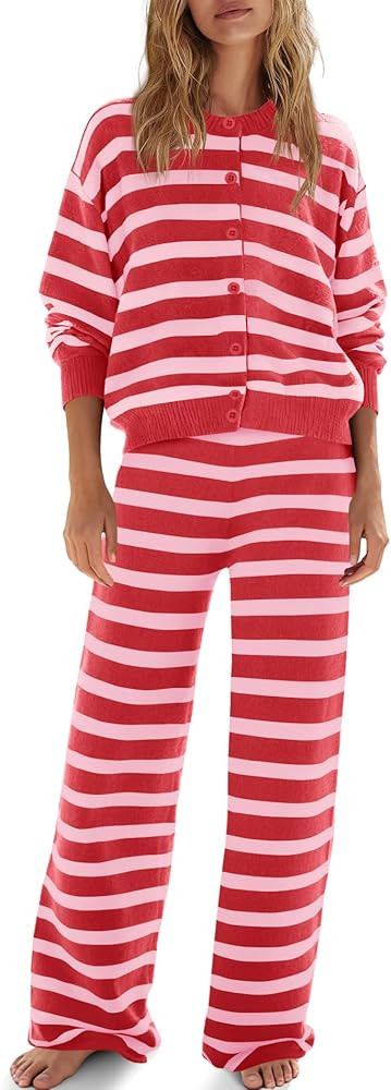 Nirovien Womens Striped Sweater Sets 2 Piece Lounge Set Button up Cardigan and Matching Pajamas P... | Amazon (US)