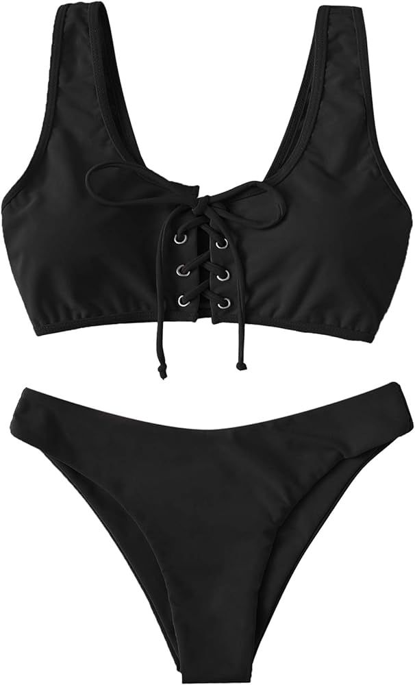 SweatyRocks Women's Sexy Bikini Set Lace Up Solid Color Two Piece Bathing Swimwear Suits | Amazon (US)