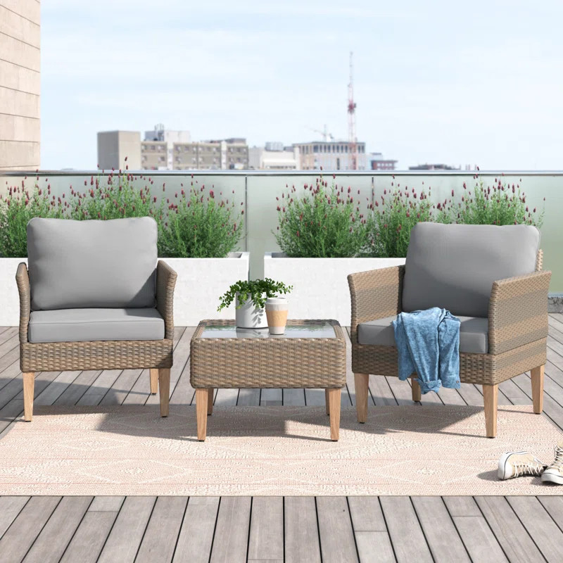 Aubre 3-Piece Outdoor Conversation Set with Club Chairs and End Table in Mixed Brown Wicker | Wayfair North America