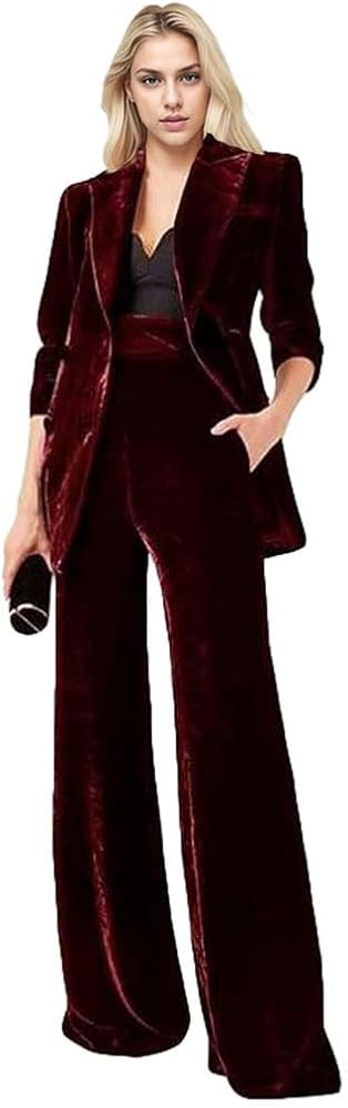 Women's 2 Piece Velvet Suit Office Work Suit Notch Lapel Double Breasted Blazer Pants Business Su... | Amazon (US)