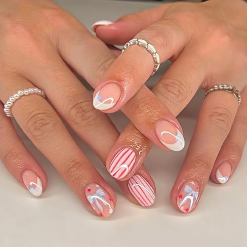 4th of July Press on Nails Short Oval - Red White & Blue French Tip with Stripes, Stars & Bow, Full Cover Glossy Fake Nails 24PCS for Women | Amazon (US)