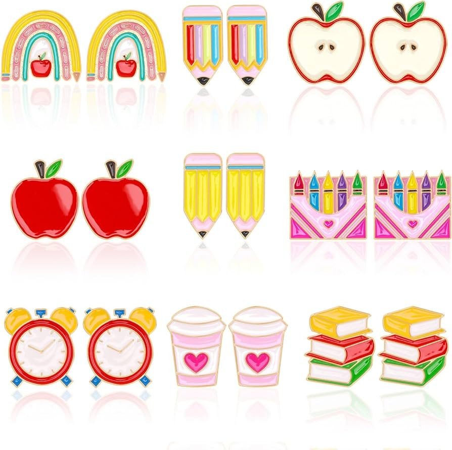 9 Pairs Theme Enamel Stud Earrings for Women Rainbow Pencil Book Stud Earrings Set for Graduation... | Amazon (US)