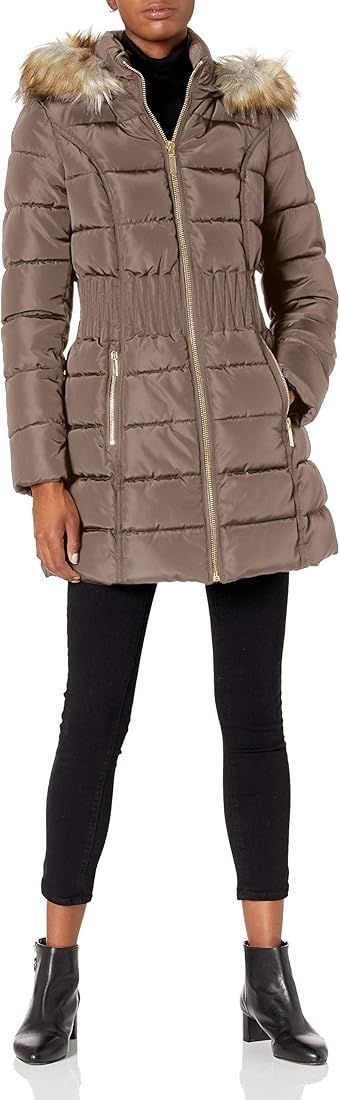 LAUNDRY BY SHELLI SEGAL Women's 3/4 Puffer Jacket with Zig Zag Cinched Waist and Faux Fur Trim Ho... | Amazon (US)