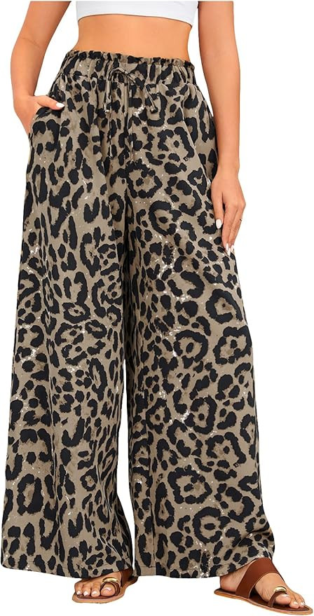 OYOANGLE Women's Leopard Print Elastic High Waist Wide Leg Pants Tie Front Pockets Loose Casual T... | Amazon (US)