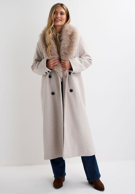 Womens Cream Coat with Detachable Faux Fur Collar | Peacocks