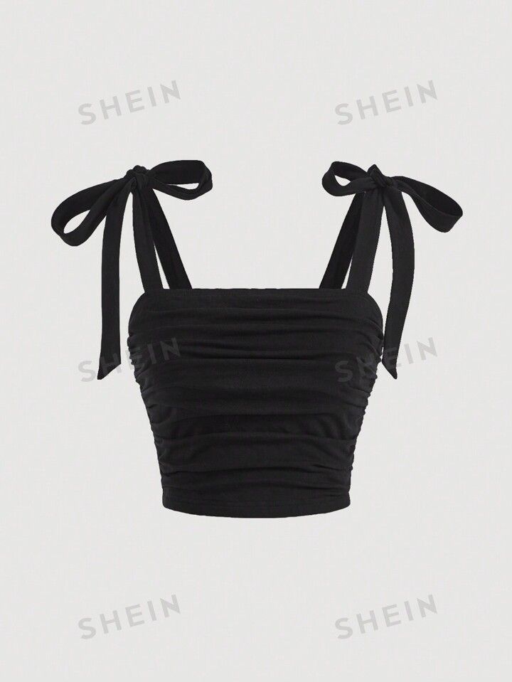 SHEIN MOD Black Bow Summer Top Solid Tie Shoulder Ruched Wide Strap Top | SHEIN
