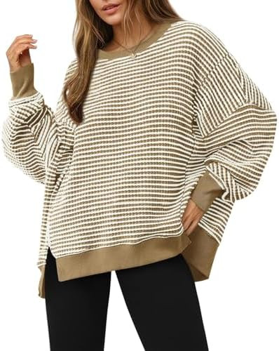 Fisoew Women's Fall Oversized Sweatshirt Casual Waffle Knit Long Sleeve Crewneck Split Pullover T... | Amazon (US)