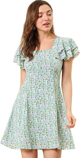 Allegra K Women's Casual Ruffled Sleeve Pleated Square Neck Floral Dress | Amazon (US)