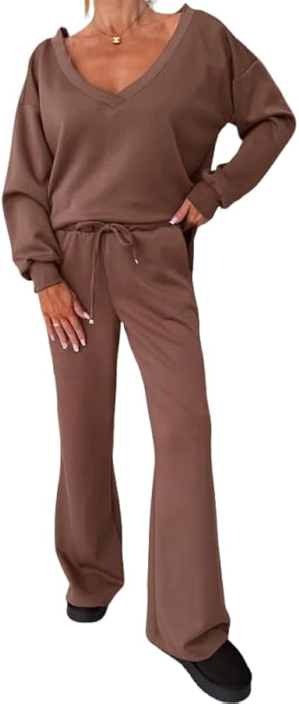 Women's 2 Piece Lounge Sets V Neck Sweatsuit Wide Leg Tracksuit Airport Travel Matching Outfits C... | Amazon (US)