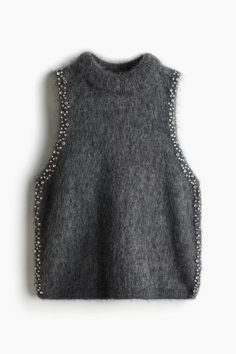 Rhinestone-embellished mohair-blend top - Dark grey - Ladies | H&M GB | H&M (UK, MY, IN, SG, PH, TW, HK)
