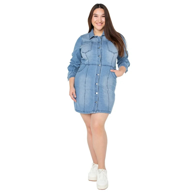 Celebrity Pink Juniors Plus Long Sleeve Denim Dress - Walmart.com | Walmart (US)