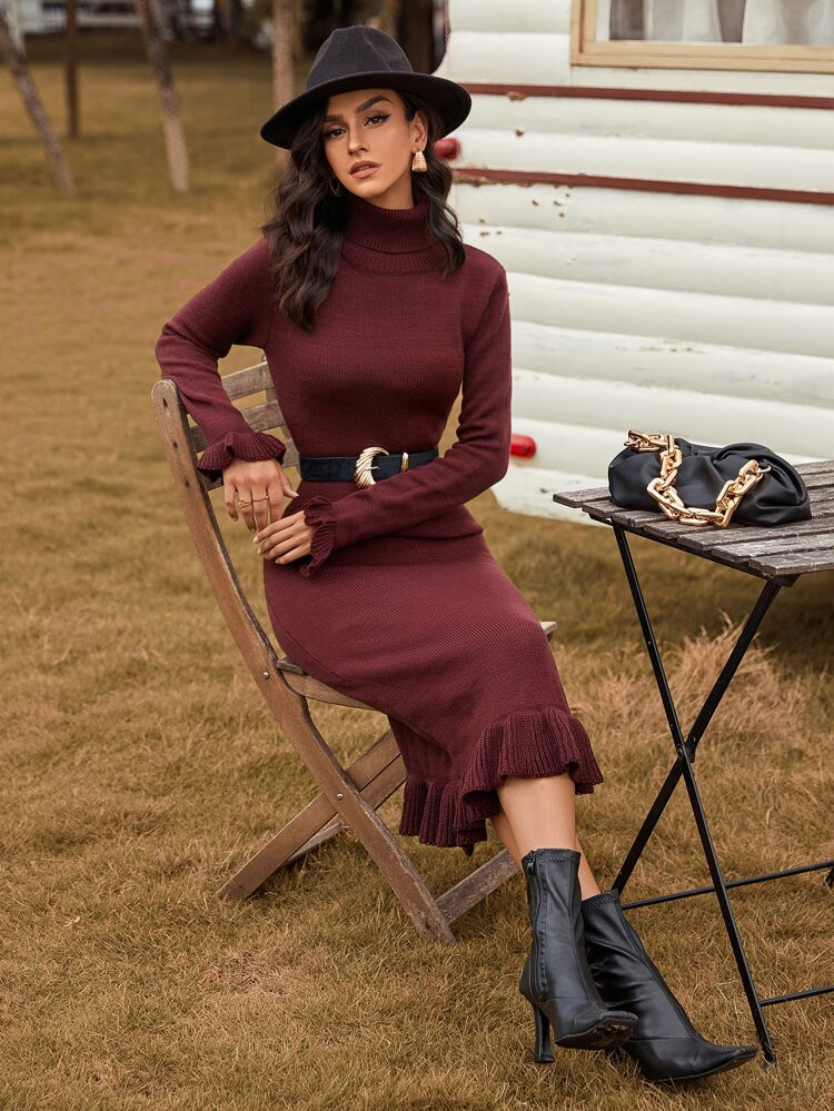 Turtleneck Flounce Sleeve Ruffle Hem Sweater Dress Without Belt | SHEIN