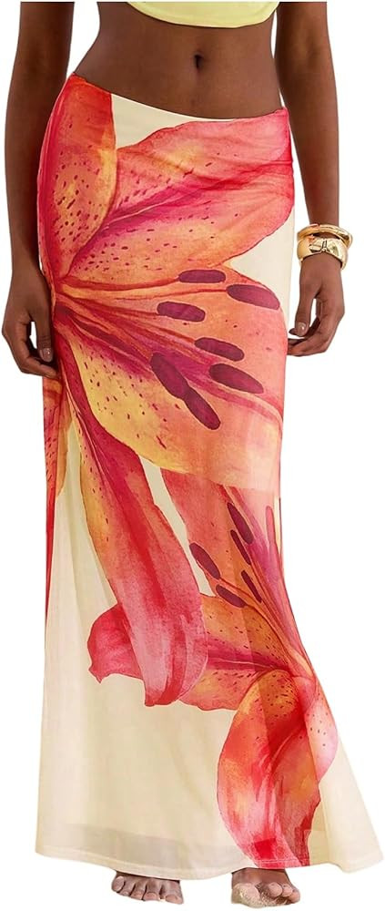 MakeMeChic Women's Summer Beach Maxi Skirt Y2k Floral Boho Flowy Long Skirt | Amazon (US)