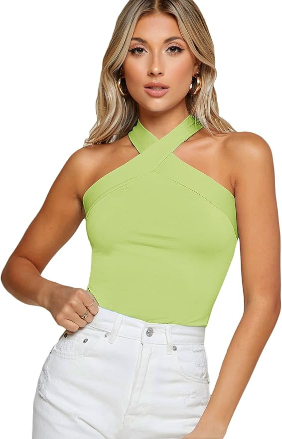 Floerns Women's Solid Criss Cross Halter Sleeveless Tee Shirt Top | Amazon (US)