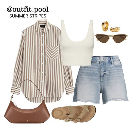 Striped shirt, white tank top, denim shorts, brown bag, Birkenstock stock, summer outfits, vacation outfit, neutral outfit 

#LTKstyletip #LTKfindsunder50 #LTKtravel