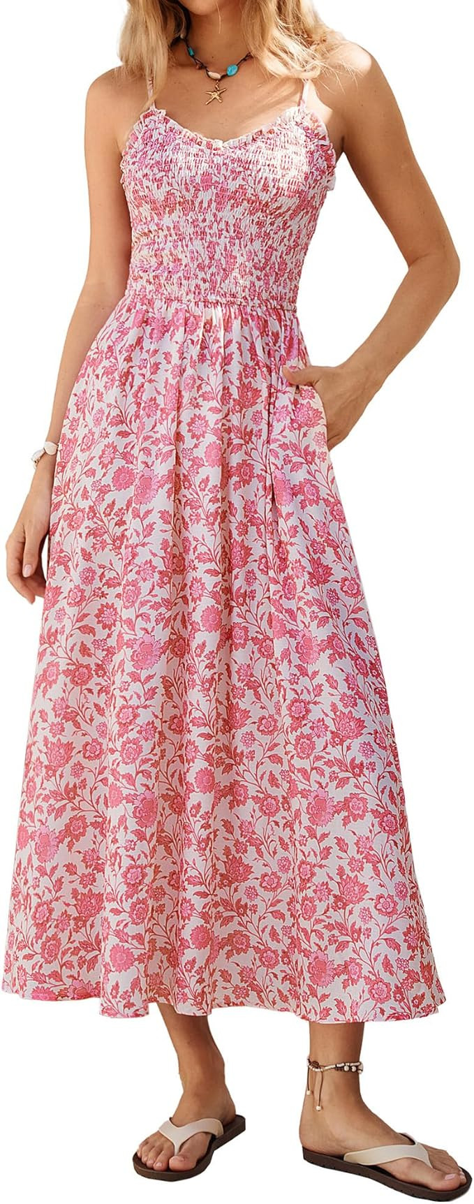 Kate Kasin Women Floral Maxi Dress Spaghetti Strap, Beach Boho Smocked Sundress, Summer Vacation ... | Amazon (US)