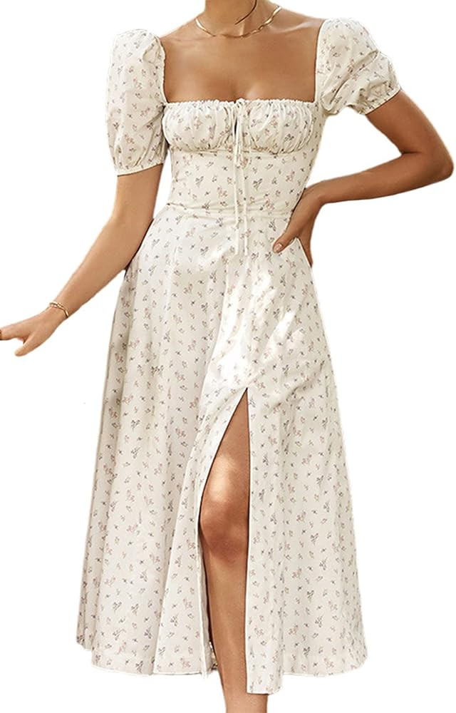 Women's Puff Sleeve Floral Maxi Dress Elegant Square Neck Cottagecore Boho Split Long Dresses Vin... | Amazon (US)