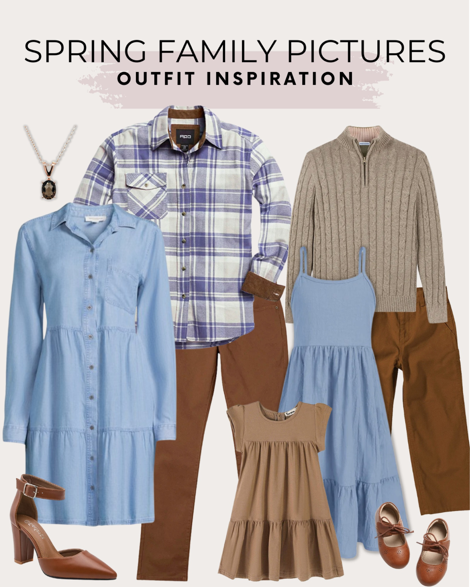 Spring family picture outfit includes women’s denim dress, women’s brown heels, necklace, men’s plaid dressy shirt, men’s brown pants, girls khaki dress, girls baby blue dress, girls brown dressy shoes, boys neutral sweater, boys brown pants.

Family pictures, family photos, family picture outfits, family photo outfits, family outfits, family matching outfits 

#LTKkids #LTKfamily #LTKstyletip