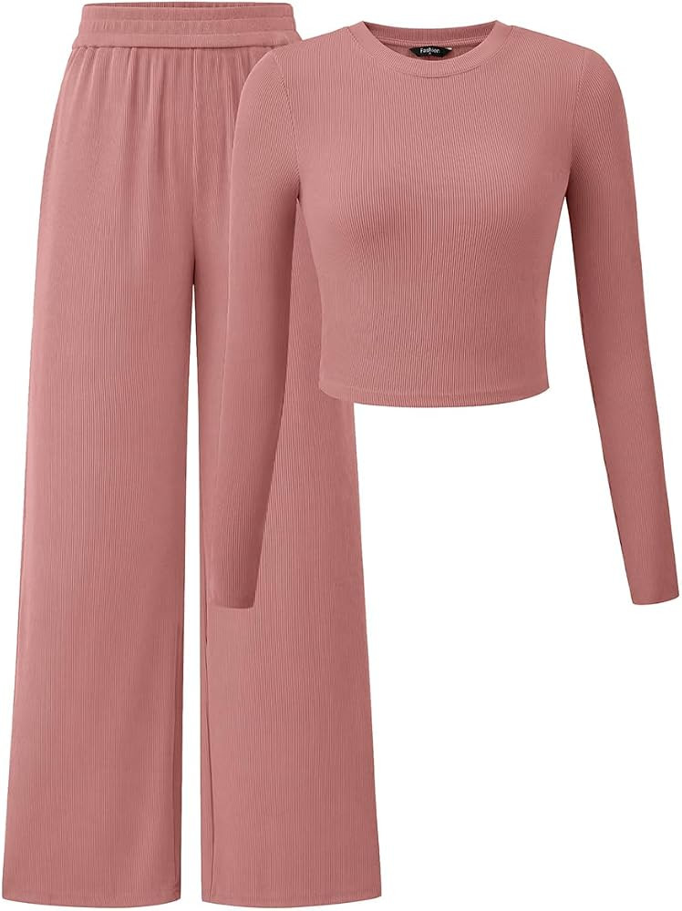 PRETTYGARDEN Women's 2 Piece Outfits Long Sleeve Bodycon Knit Crop Tops Wide Leg Pants Casual Tra... | Amazon (US)