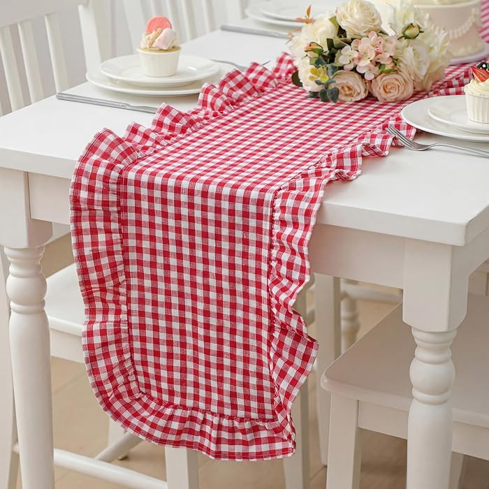Red Gingham Ruffled Table Runner 72 Inches Long Scalloped Table Runner Rustic Cotton Tabletop Far... | Amazon (US)