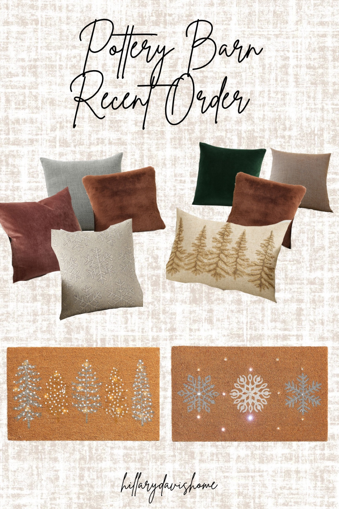 My pottery barn recent order! 

Adding some shades of green, neutrals and rich Bordeaux for my sofa pillows this year 😍

The doormats are so beautiful and light up!! ✨🎄 

Pottery barn Christmas | Christmas inspo | Christmas doormats | Christmas pillows | Christmas decor 

#LTKSeasonal #LTKHoliday #LTKHome