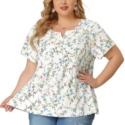 Women's Plus Size Floral Split Neckline Short Sleeve Casual Summer Blouses - Agnes Orinda 4X White | Target