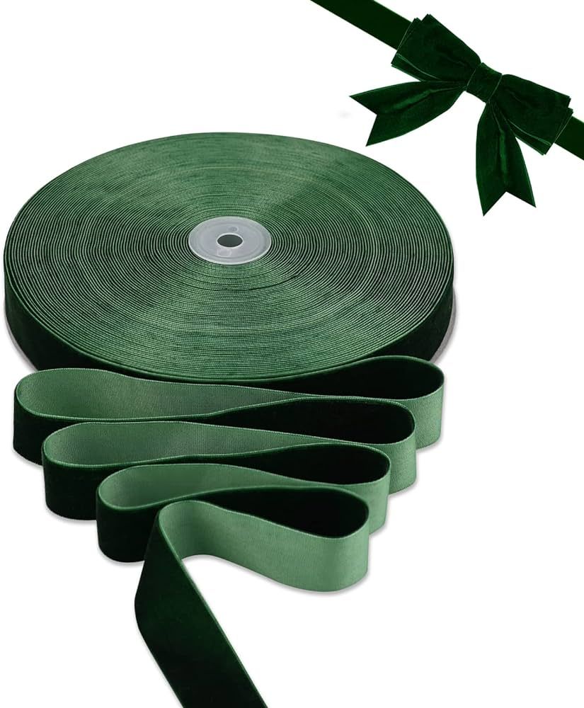 BokingOne Dark Green Velvet Ribbon 1 Inch X 30 Yds Wide Vintage Nylon Velvet Wired Ribbon with Sp... | Amazon (US)