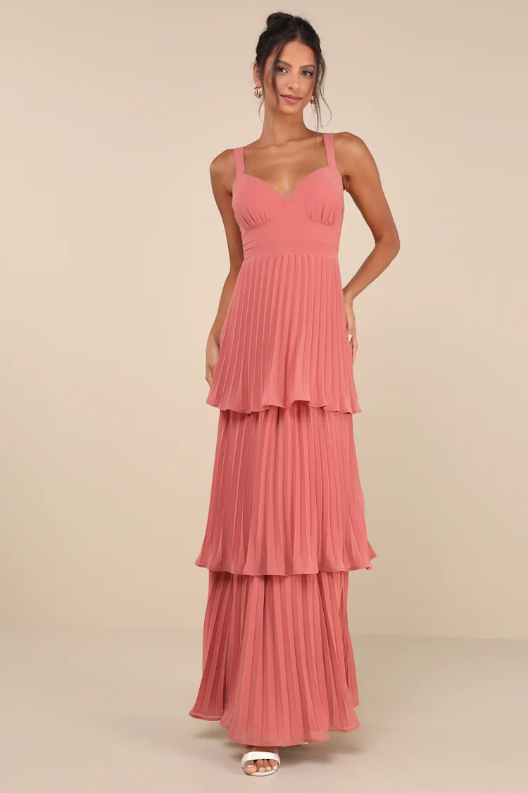 Luxe Perfection Rusty Rose Pleated Tiered Backless Maxi Dress | Lulus
