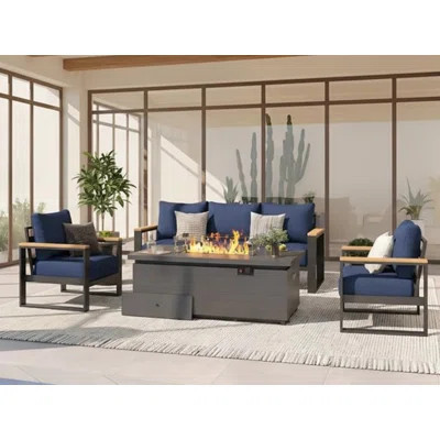 7-Person Aluminum Patio Furniture Set With 50000 Btu Fire Pit Table, Modern Patio Conversation Set With 6'' Olefin Cushions For Balcony, Porch, Backya | Wayfair North America
