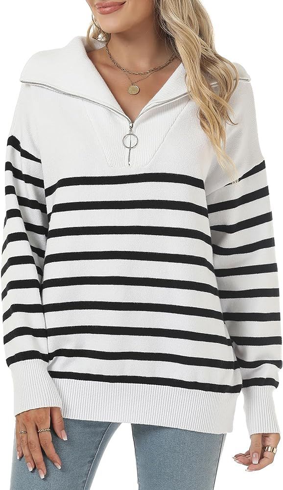 ELGOGY Womens Striped Sweaters Half Zipper Long Sleeve V Neck Ribbed Knit Loose Oversized Slouchy... | Amazon (US)