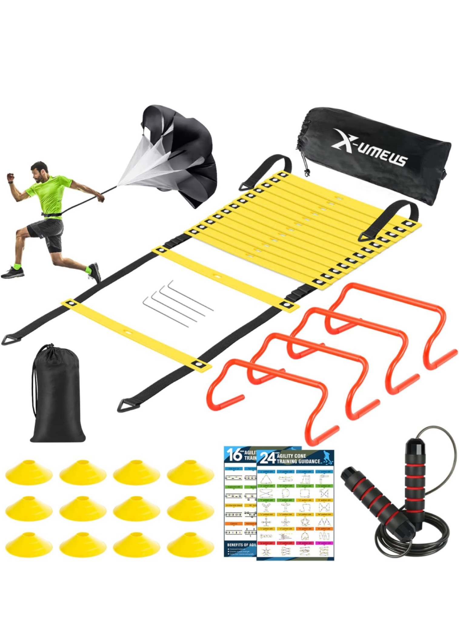 Agility Ladder Speed Training Equipment Set-20ft Agility Ladder,12 Soccer Cones,4 Hurdles, Jump Rope, Running Parachute| Basketball Football Soccer Training Equipment