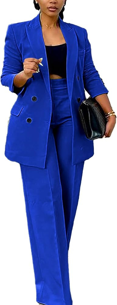 Tcremisa Women's Fashion Pants Suit 2 Piece Business Outfits Casual Double Breasted Blazer and Pa... | Amazon (US)
