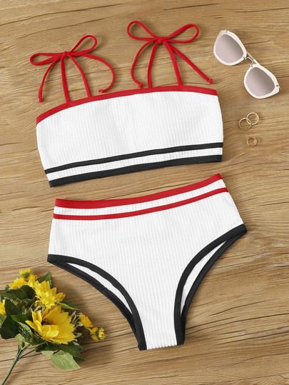 Rib Contrast Binding High Waisted Bikini Swimsuit | SHEIN