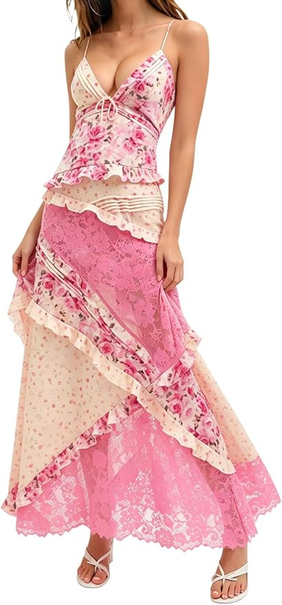 Womens Floral Lace Maxi Dress Spaghetti Straps V-Neck Backless Sexy Ruffle Tiered Boho Beach Sund... | Amazon (US)