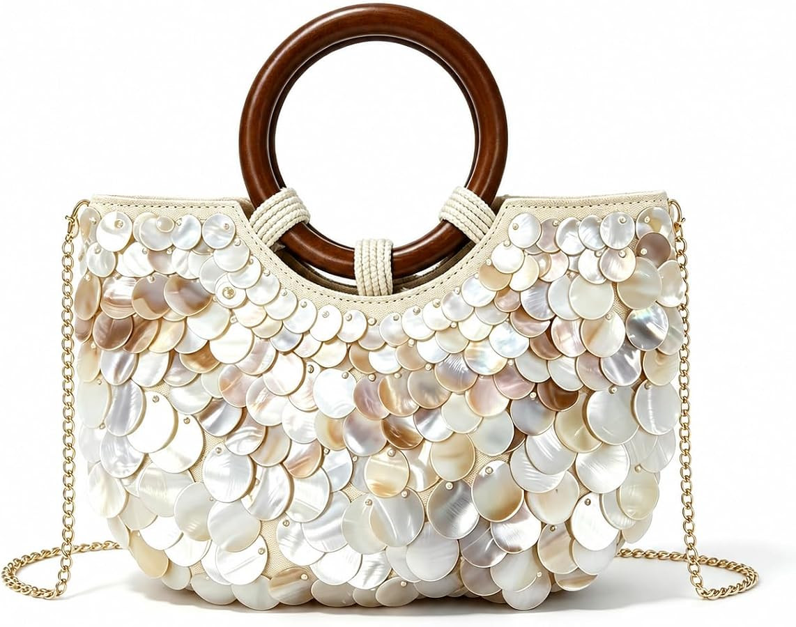 Shell Beaded Purse for Women, Seashell Clutch Bag with Wooden Handle | Amazon (US)