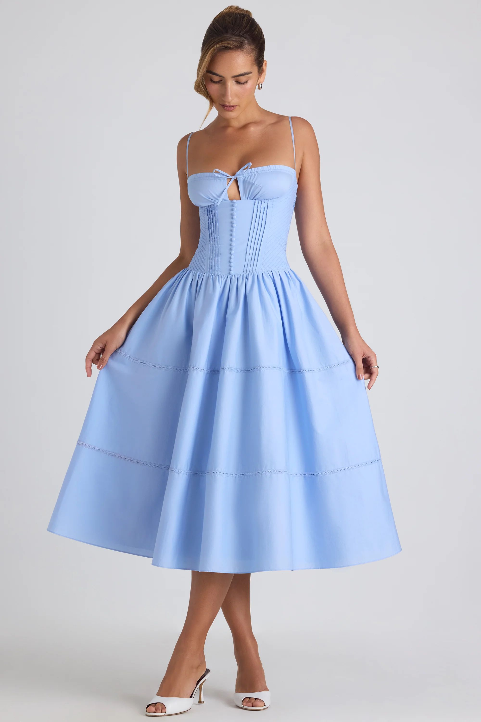 Lace-Trim Pintucked Poplin Midaxi Dress in Sky Blue | Oh Polly