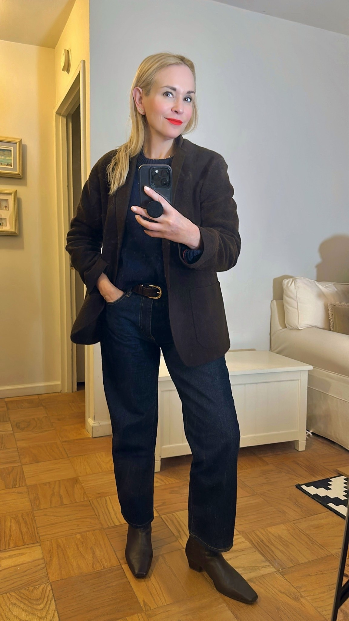 Blazer, jeans and sweater on sale. The sweater is sold out in the navy colorway, but linked the other colors. This colorway in the jeans isn’t in sale but linked the shades that are on sale. Just bought the decode. 