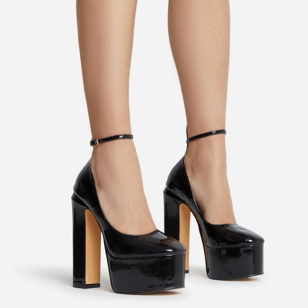Violet Ankle Strap Closed Toe Statement Platform Block Heel In Black Patent | EGO Shoes (US & Canada)