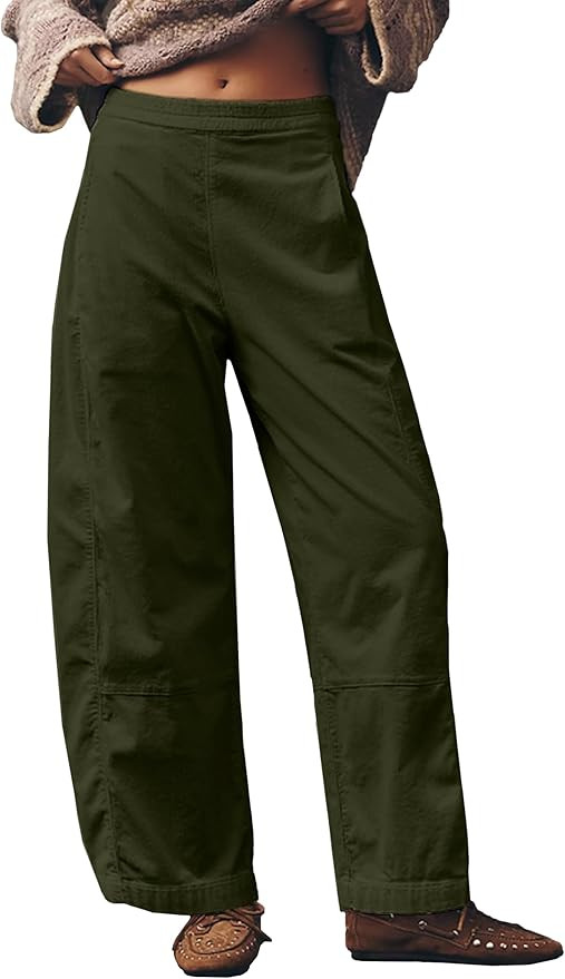 Womens Barrel Corduroy Pants Slim Fit Pull On Solid High Rise Elastic Waist Trousers with Pockets | Amazon (US)