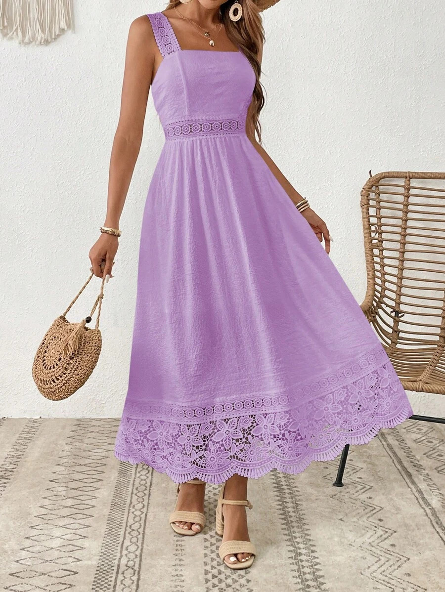 SHEIN VCAY Ladies' Holiday Leisure Solid Color Lace Spliced Sleeveless Dress With Empire Waist | SHEIN