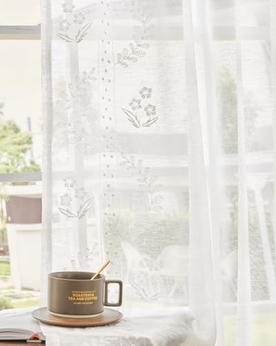 jinchan Belrose Linen Sheer Curtains for Living Room 63 Inch Length Sheer Voile Embroidered Flora... | Amazon (US)
