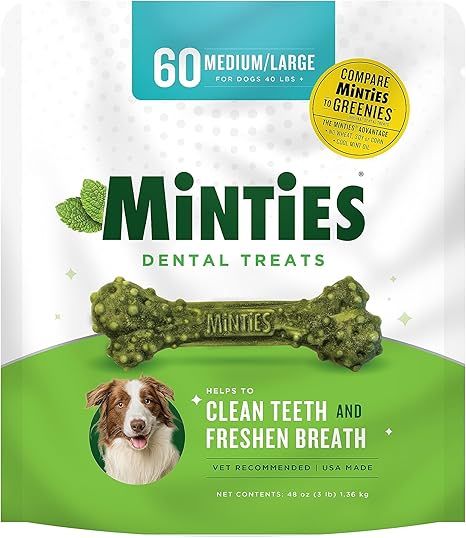 Minties VetIQ Dog Dental Bone Treats, Dental Chews for Medium/Large Dogs (Over 40 lbs), 60 Count | Amazon (US)
